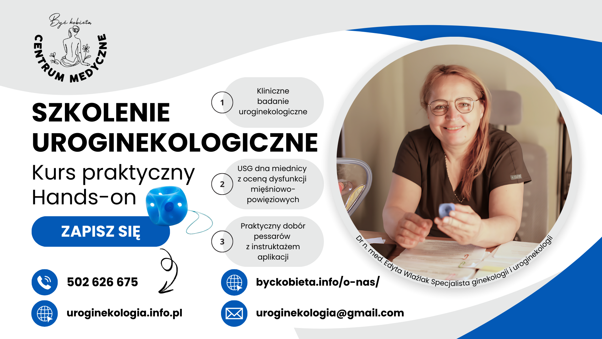 Plakat promujący szkolenie "Szkolenie Uroginekologiczne Hands-on" prowadzone przez dr n. med. Edyta Wlaźlak